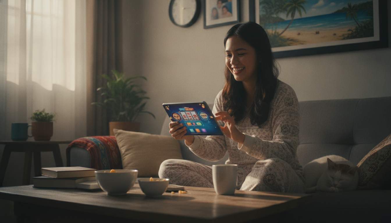 Happy Filipino woman enjoying online casino games