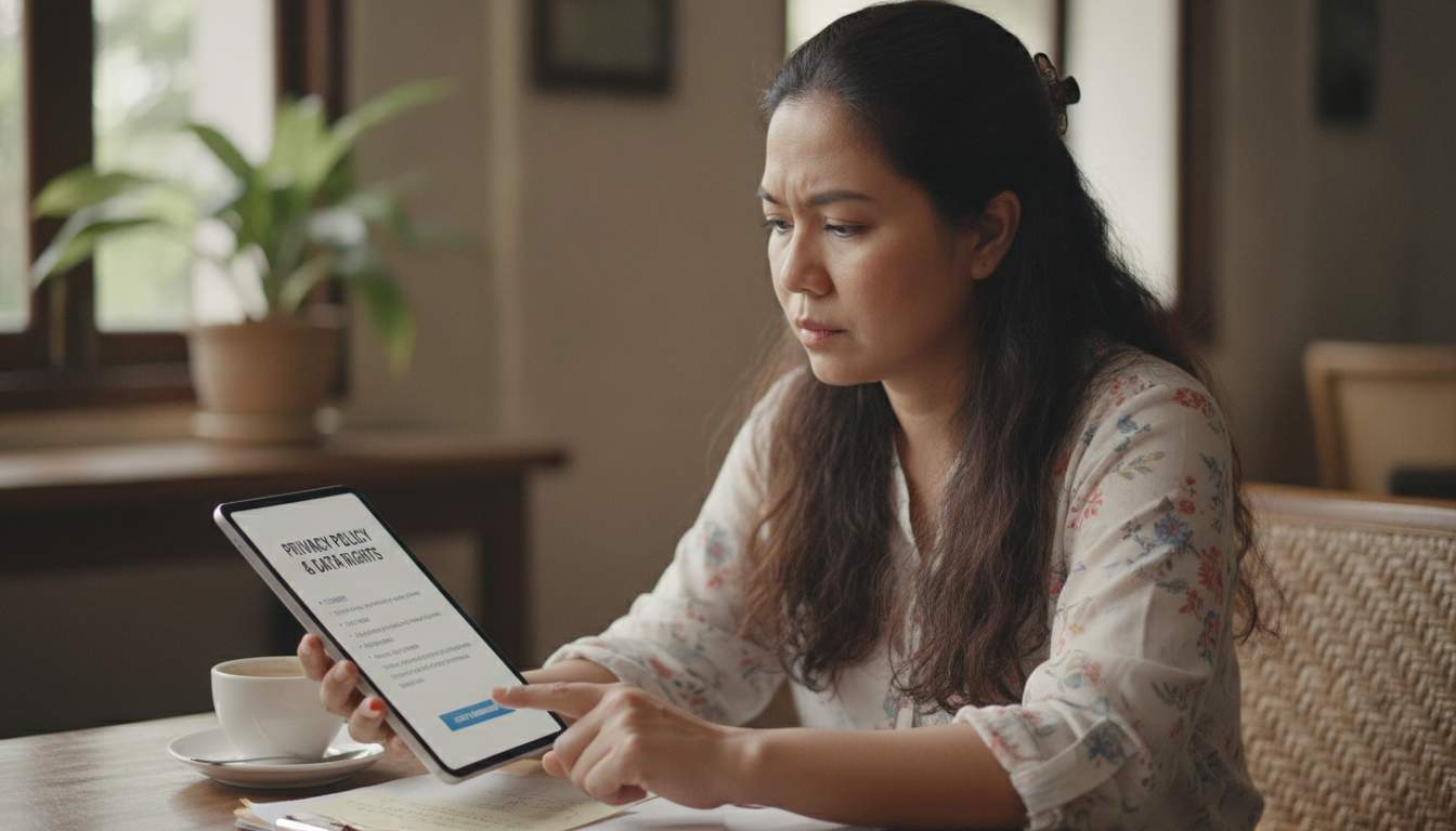 Filipino woman reading privacy policy