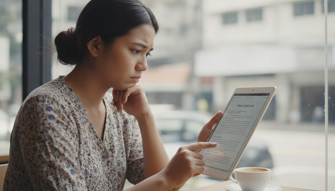 Filipino woman reading terms and conditions